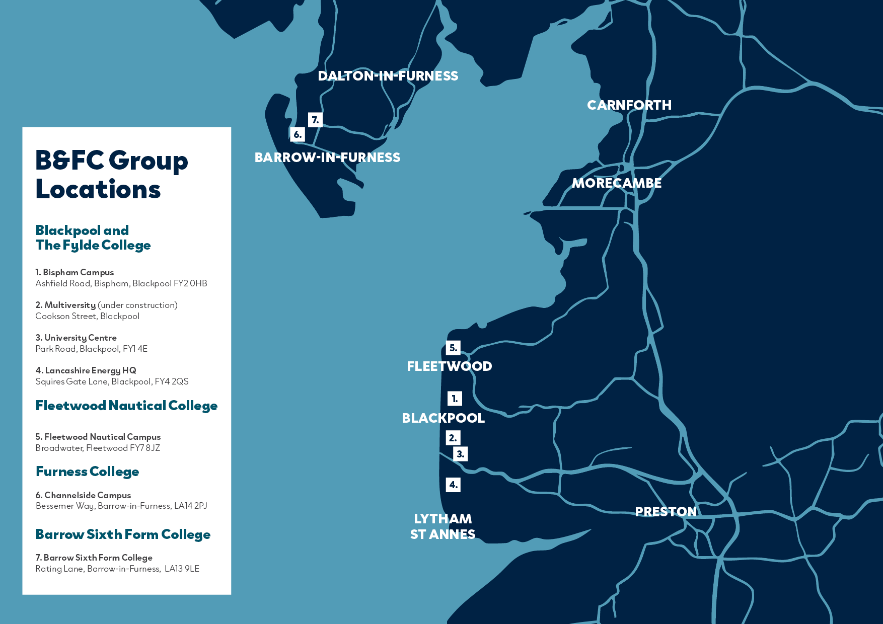 Detailed map of the B&FC Group Locations with contact information.
